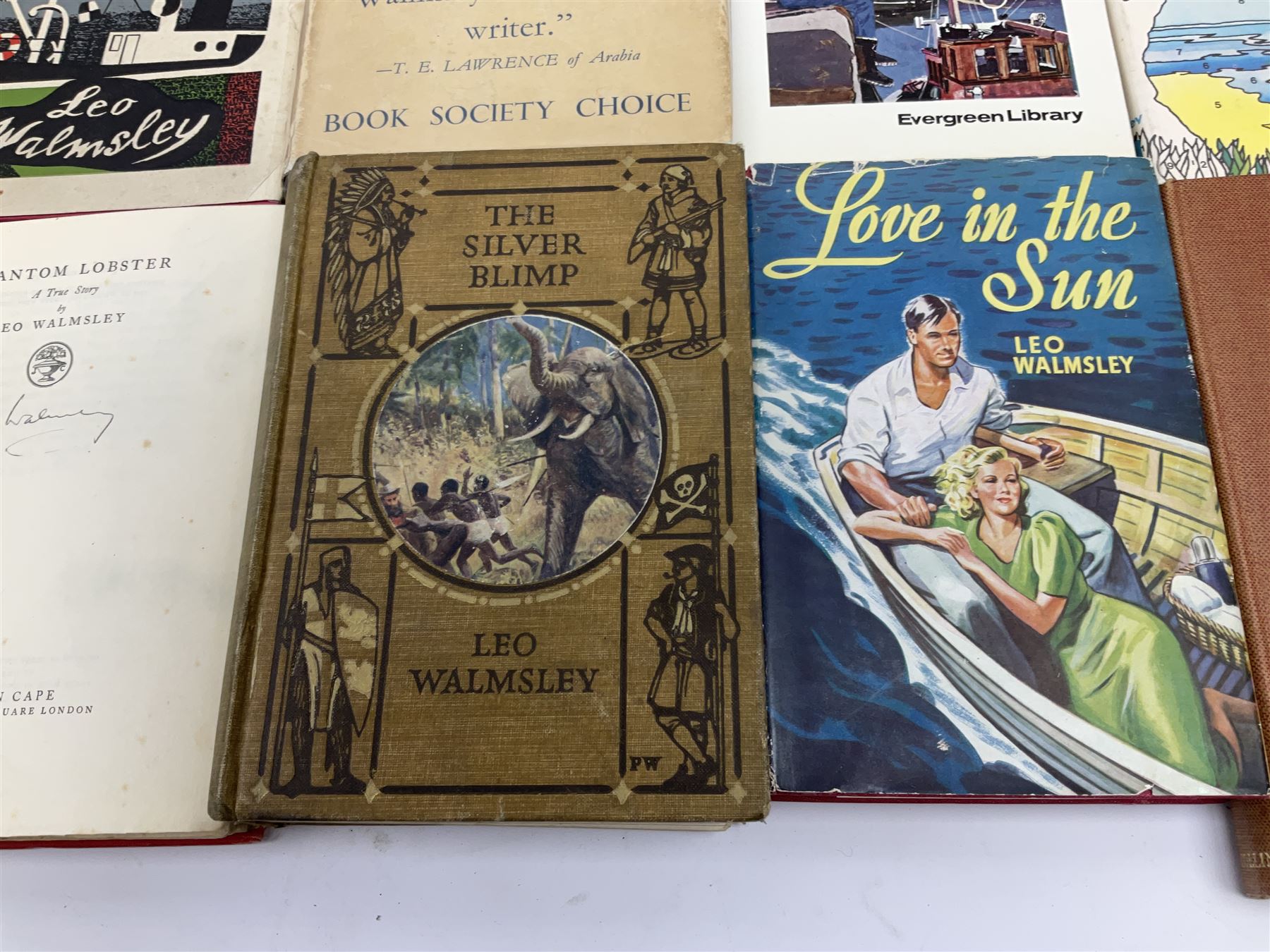 Leo Walmsley: a collection of Novels mostly 1st ed. including Phantom Lobster, signed by the author, Love in the Sun, The Happy Ending, Angler's Moon, Sally Lunn, The Silver Blimp, Love in the Sun, Paradise Creek, Fishermen at War, Golden Waterwheel, Sound of the Sea, etc (16)