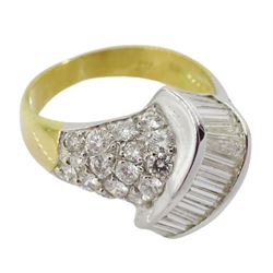 18ct white and yellow gold channel set baguette diamond ring, with pave set round diamonds either side, stamped 750