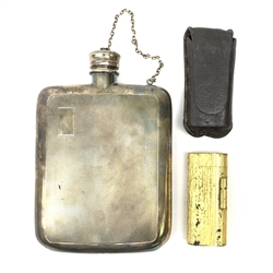 An Asprey silver plated hip flask, of rounded rectangular form with engine turned panel decoration to the front and back, the front panel with vacant rectangular cartouche to the upper left corner, H14.5cm, together with a gold plated Dunhill cigarette lighter with bark textured effect body, H6.5cm. 