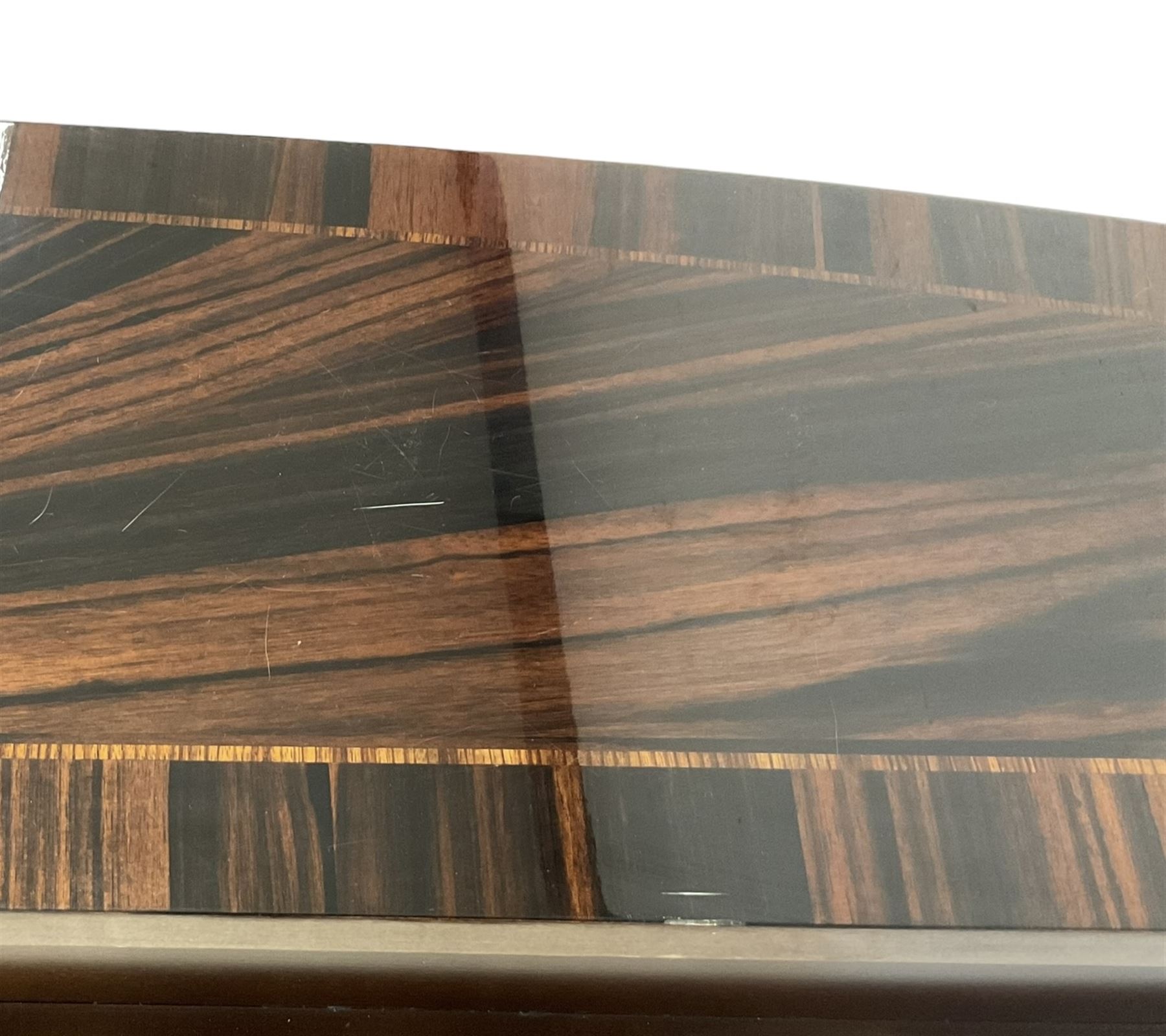 Giorgio Collection - Art Deco design macassar ebony 'Luna' console table, rectangular bow-front top with cross-banding and sun-burst veneer, fitted with single drawer, raised on a curved U-shaped base, retailed by Harrods