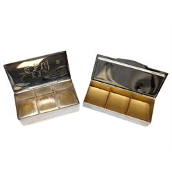 Two three division stamp boxes, the first with enamelled ladybird decoration and engraved initials to the inside of the hinged cover, the second with glass cover showing three King George V stamps