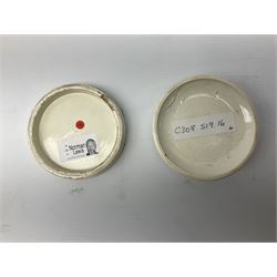  Early Victorian marriage mug for Thomas and Caroline Parkinson dated 11th Sept. 1845 Hull H8cm, similar christening mug for their daughter Hannah Matilda, blue/white transfer printed pot lid with base for Francis Earle, Pharmaceutical Chemist, 22 Market Place, Hull with central study of Holy Trinity Church and clay pipe, the bowl as man's head (4)  