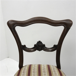 Set four 19th century rosewood chairs, shaped resting rail, carved detailing, serpentine upholstered seat, cabriole legs, W47cm