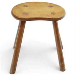 Lizardman - oak milking stool, shaped top with four octagonal supports with carved lizard signature by Derek Slater of Crayke