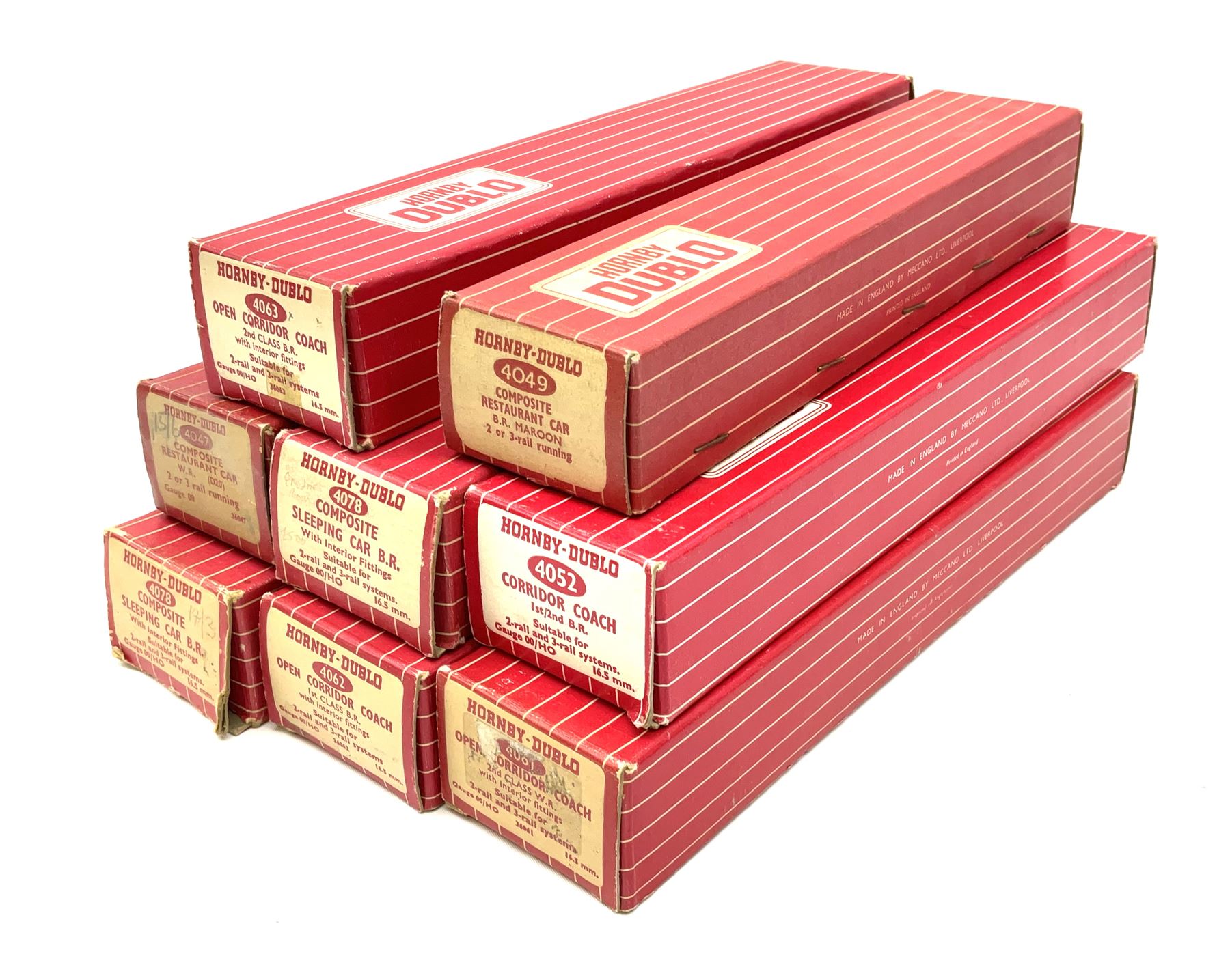 Hornby Dublo - eight coaches comprising 4047 Composite Restaurant Car W.R. (D20); 4049 Composite Restaurant Car B.R. Maroon; 4052 Corridor Coach 1st/2nd B.R.; 4061 Open Corridor Coach 2nd Class W.R.; 4062 Open Corridor Coach 1st Class B.R.; 4063 Ope Corridor Coach 2nd Class B.R.; and two 4078 Composite Sleeping Car B.R.; all in boxes (8)