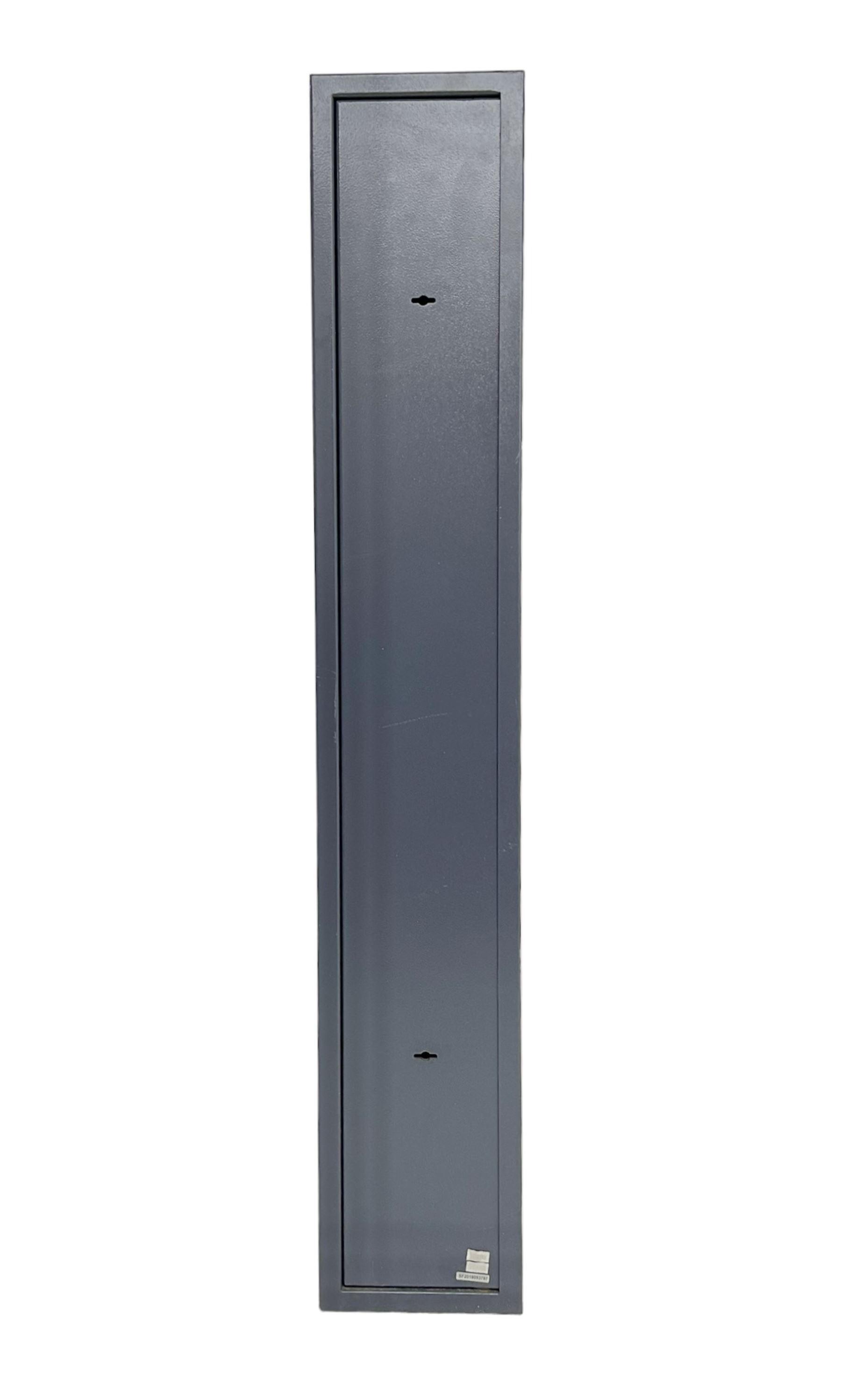 Grey steel wall mounting gun cabinet to accommodate three guns; single door with two locks with two keys for one lock; internally H128.5cm W21cm D17.5cm; externally H129cm W21.5cm D20cm