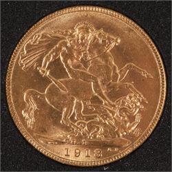 King George V 1918 gold full sovereign coin, Bombay mint, in London Mint Office case
