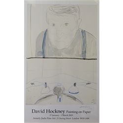  David Hockney (British 1934-): 'Painting on Paper' 2003 Annely Juda Fine Art exhibition poster, signed and dated '03 in pencil 100cm x 63cm  Provenance: from the collection of the late Cavan O'Brien of Bridlington who was employed by Marlborough and Fischer Fine Art London (further details with the picture)   