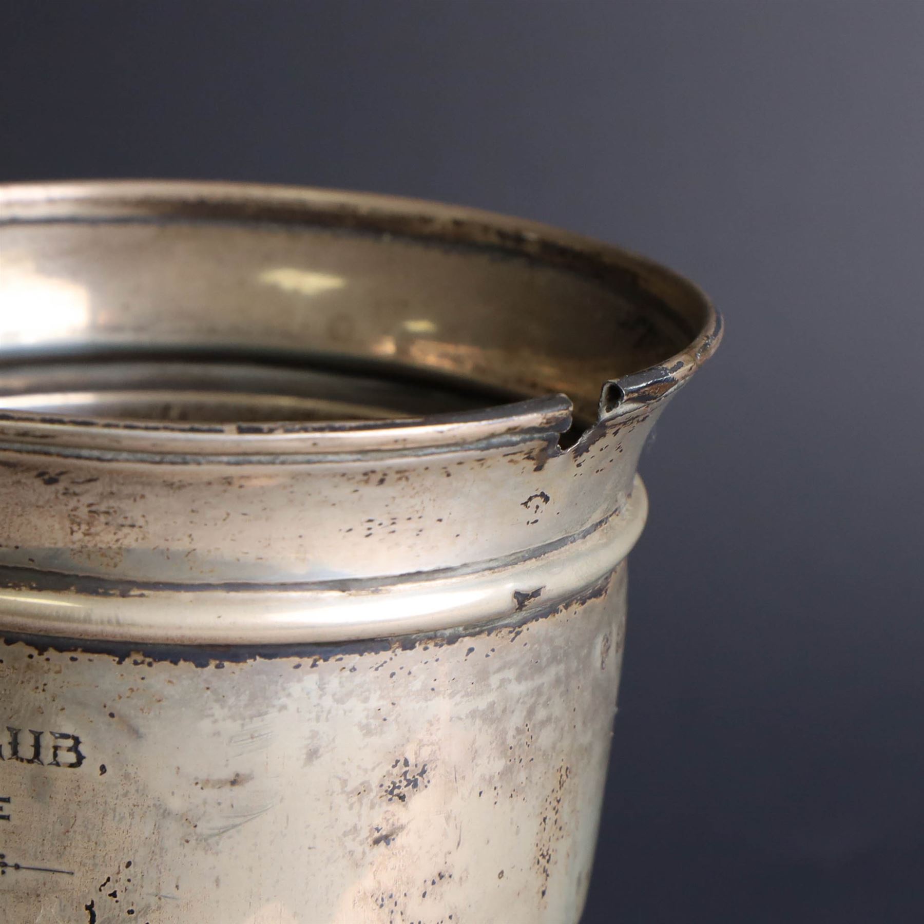 1930s silver trophy cup, of typical part fluted form with presentation engraving to body, with twin handles, one broken loose, hallmarked 	Charles Boyton & Son Ltd, London 1931, H21cm