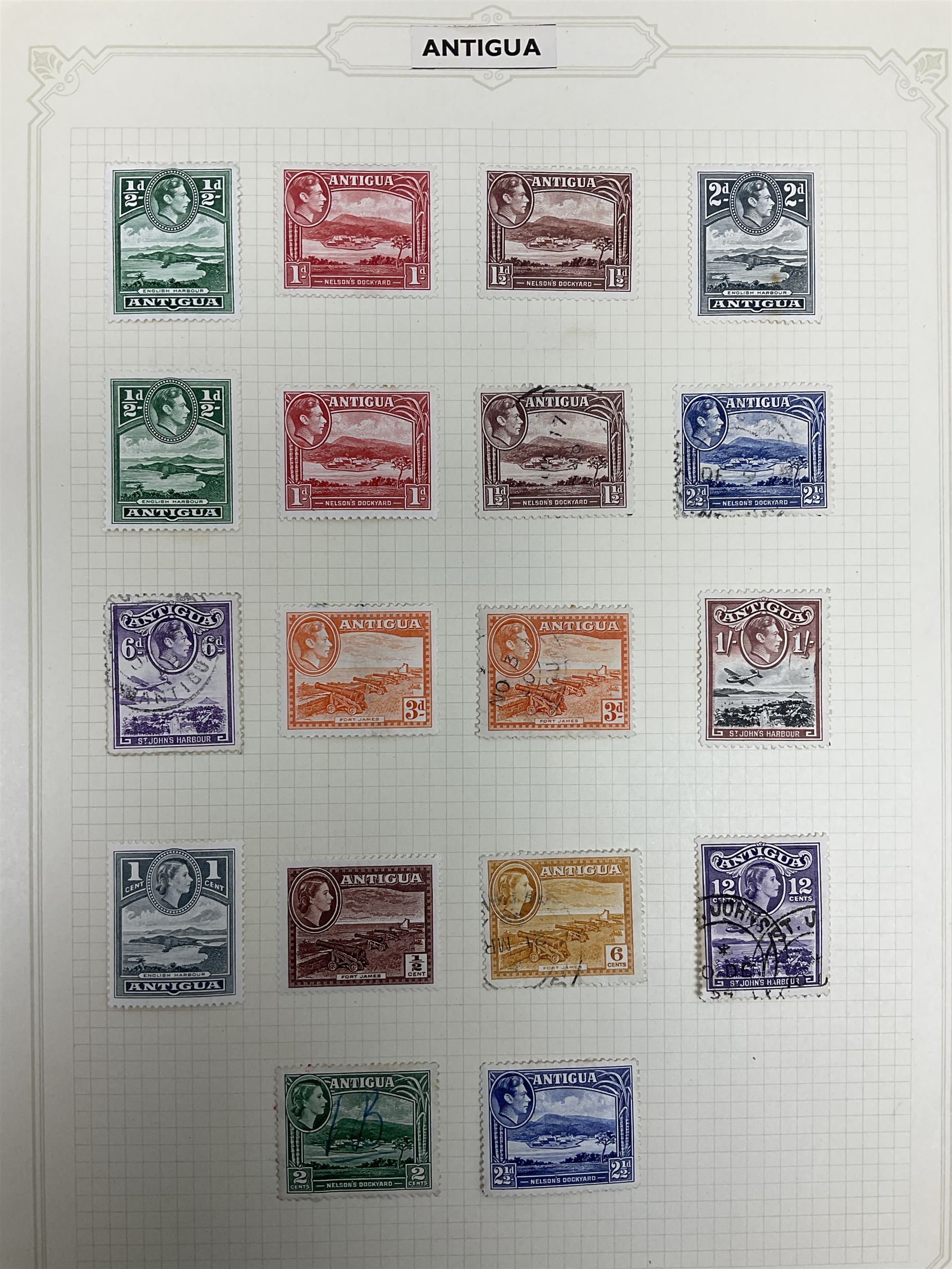 Antigua Queen Victoria and later stamps, including War stamp overprints etc and Bahamas Queen Victoria and later stamps, including Crown Colony, War Charity and other overprints etc, housed on pages
