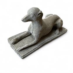 Cast Stone Laying Greyhound on rectangular plinth,
