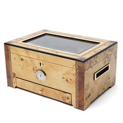 Modern burr wood  humidor, the hinged lid inset with a glass panel, recessed side handles and single drawer 35cm x 25cm x 18cm