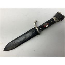 German Hitler Youth dagger the 14cm steel blade by Eickhorn Solingen inscribed Blut und Ehre and marked RZM M 7/66, chequered black grip with inset enamel diamond shaped insignia; in steel scabbard with leather frog L27cm overall