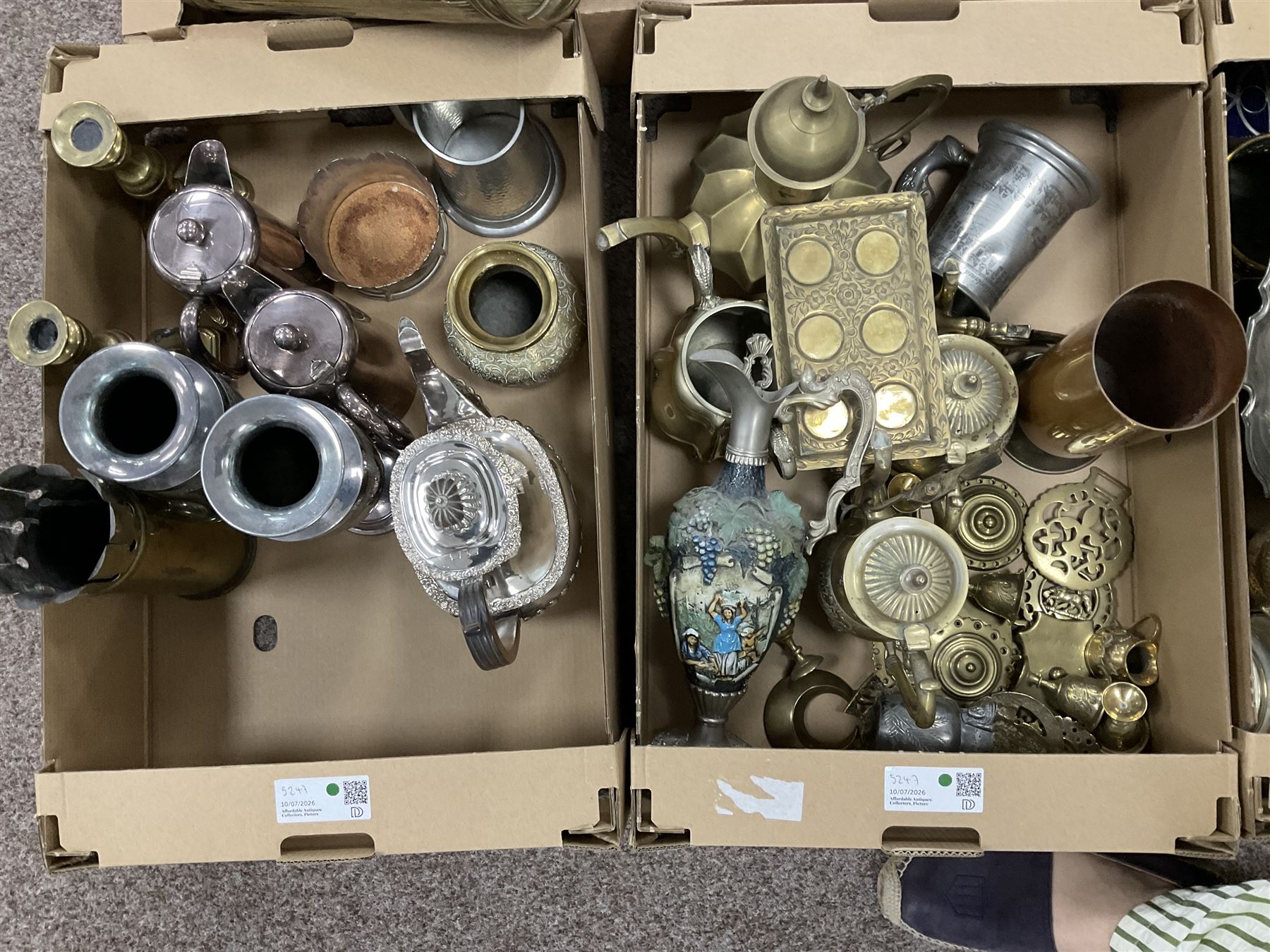Large collection of metalware, to include decanters, teapots and fireside tools, in five boxes