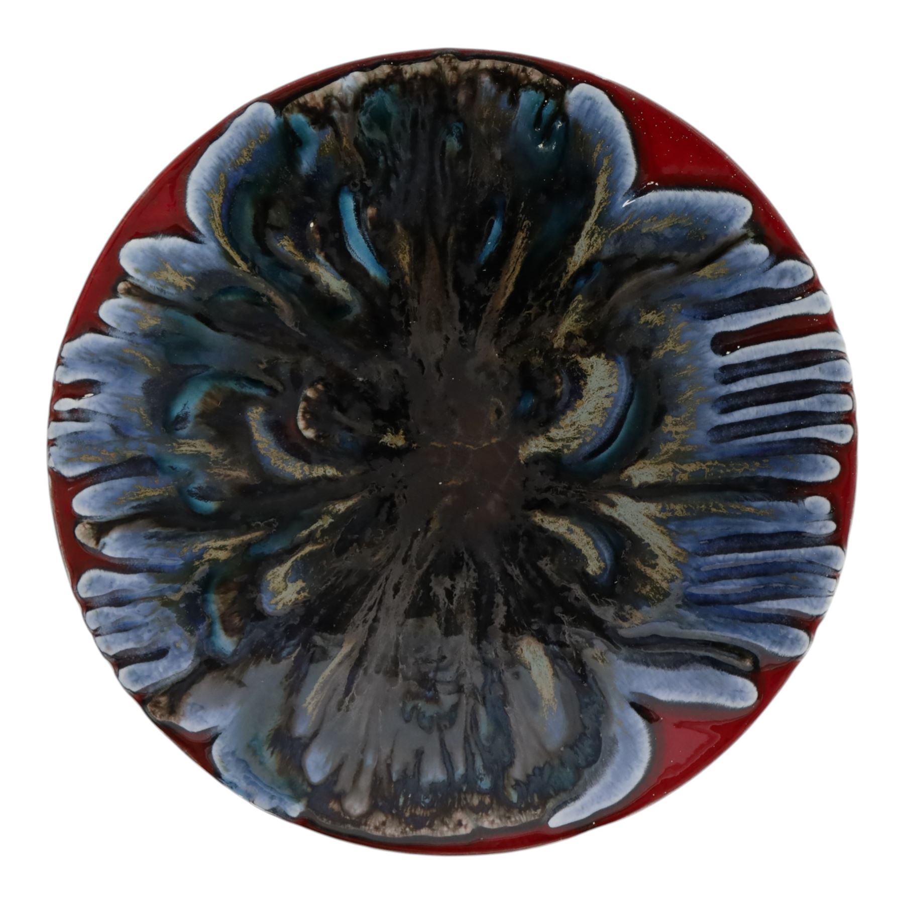 Poole pottery, Delphis Volcano pedestal dish, Delphis charges, in blues and black on a red ground, shape four and another plate, pedestal dish D23cm 