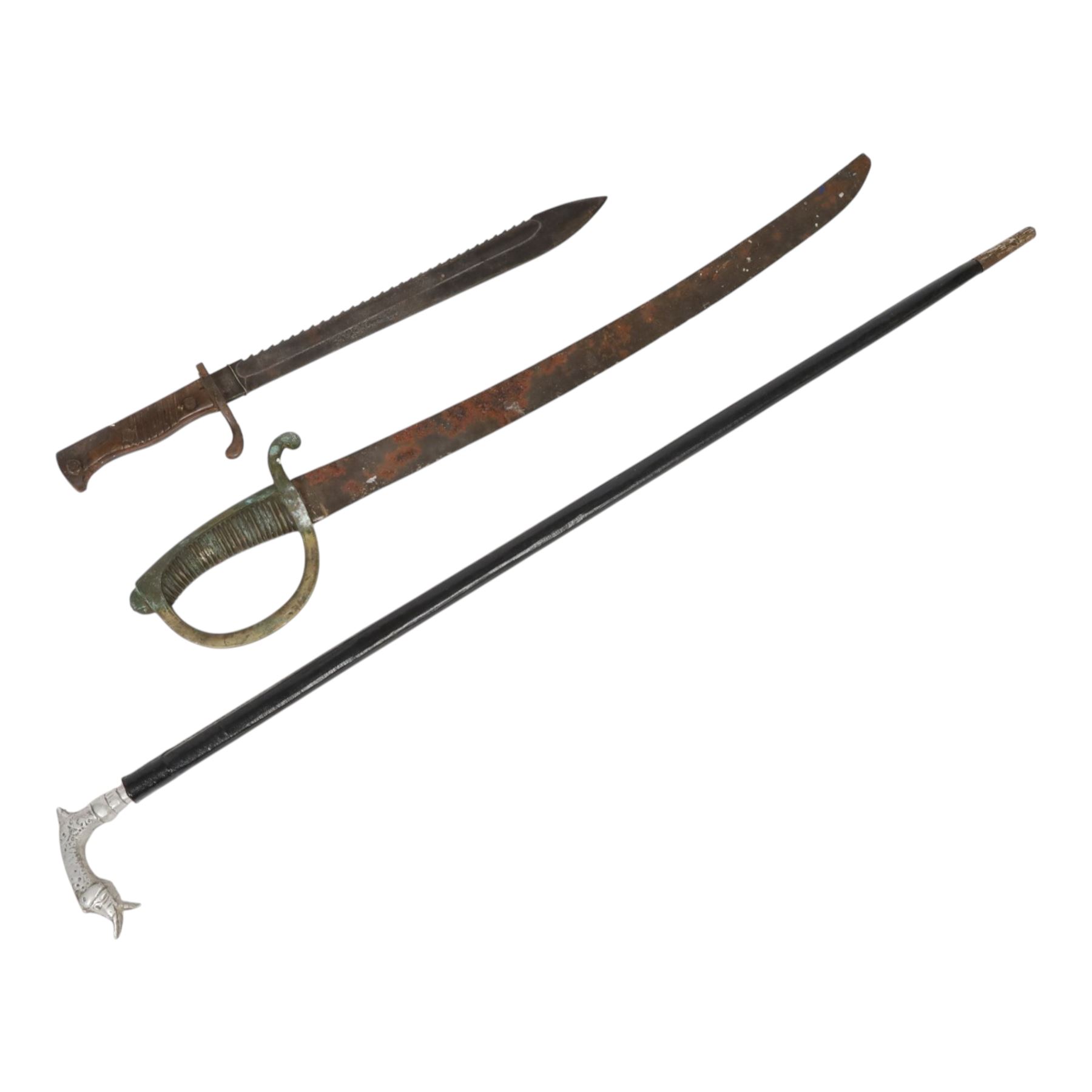 WWI German sawback bayonet, French Briquet and, early 20th century silver white metal fish topped sword stick