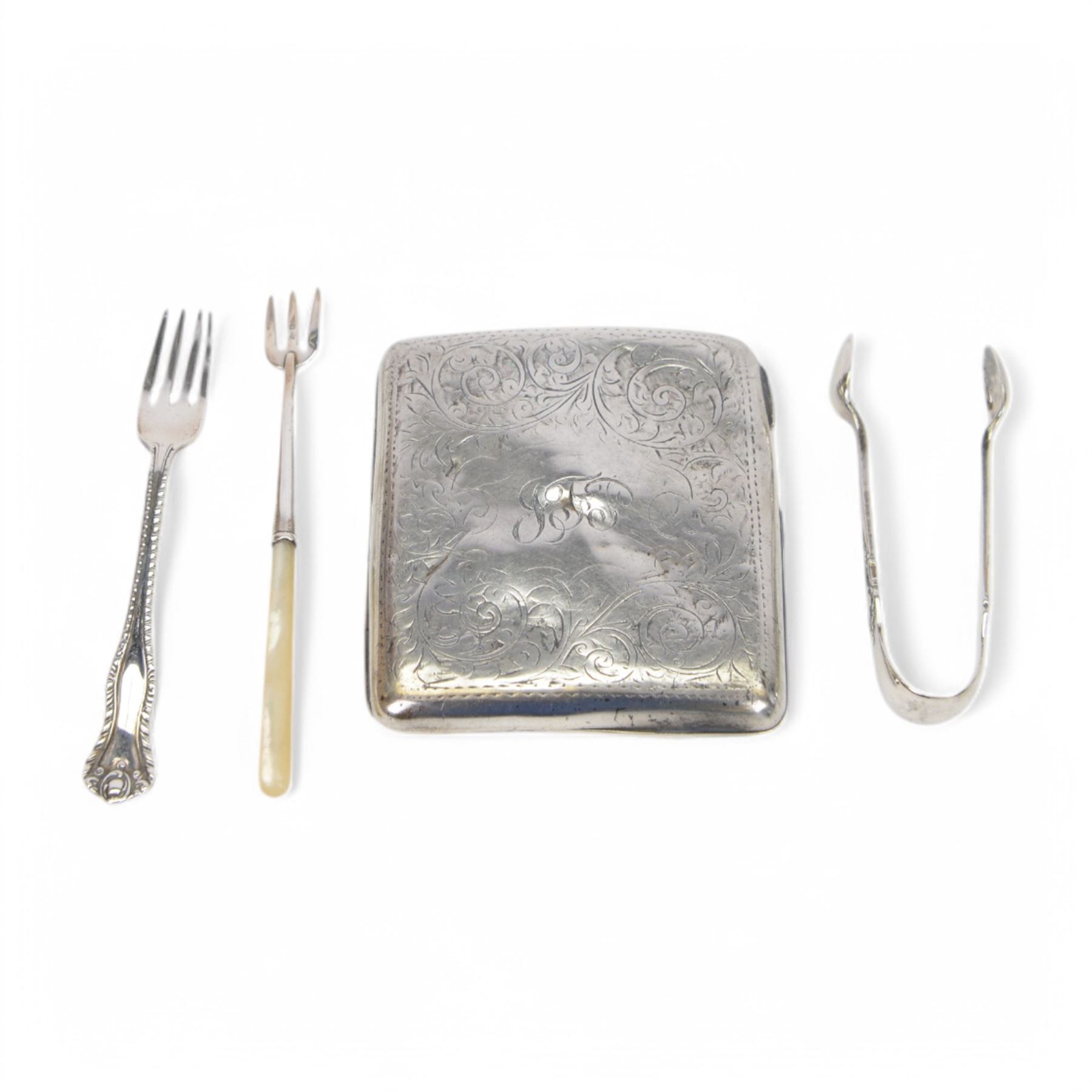 Early 20th century silver cigarette case, together with a small group of silver cutlery including mother of pearl handled pickle fork, cake fork and pair of sugar tongs, all hallmarked