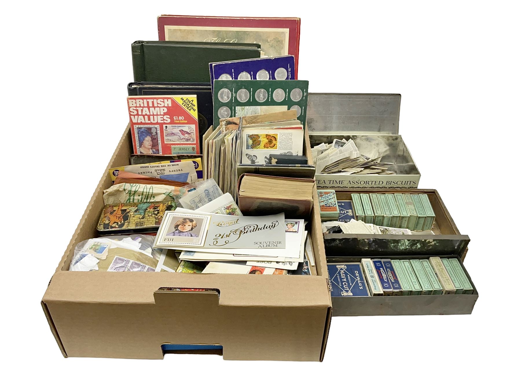 Great British and World stamps, trade cards, ephemera and miscellaneous items, including small number of Queen Elizabeth II mint decimal stamps, Antigua, Ascension, Australia, Australia, Barbados, Basutoland, British Honduras, Canada, Great Britain King George V used seahorses etc, in one box