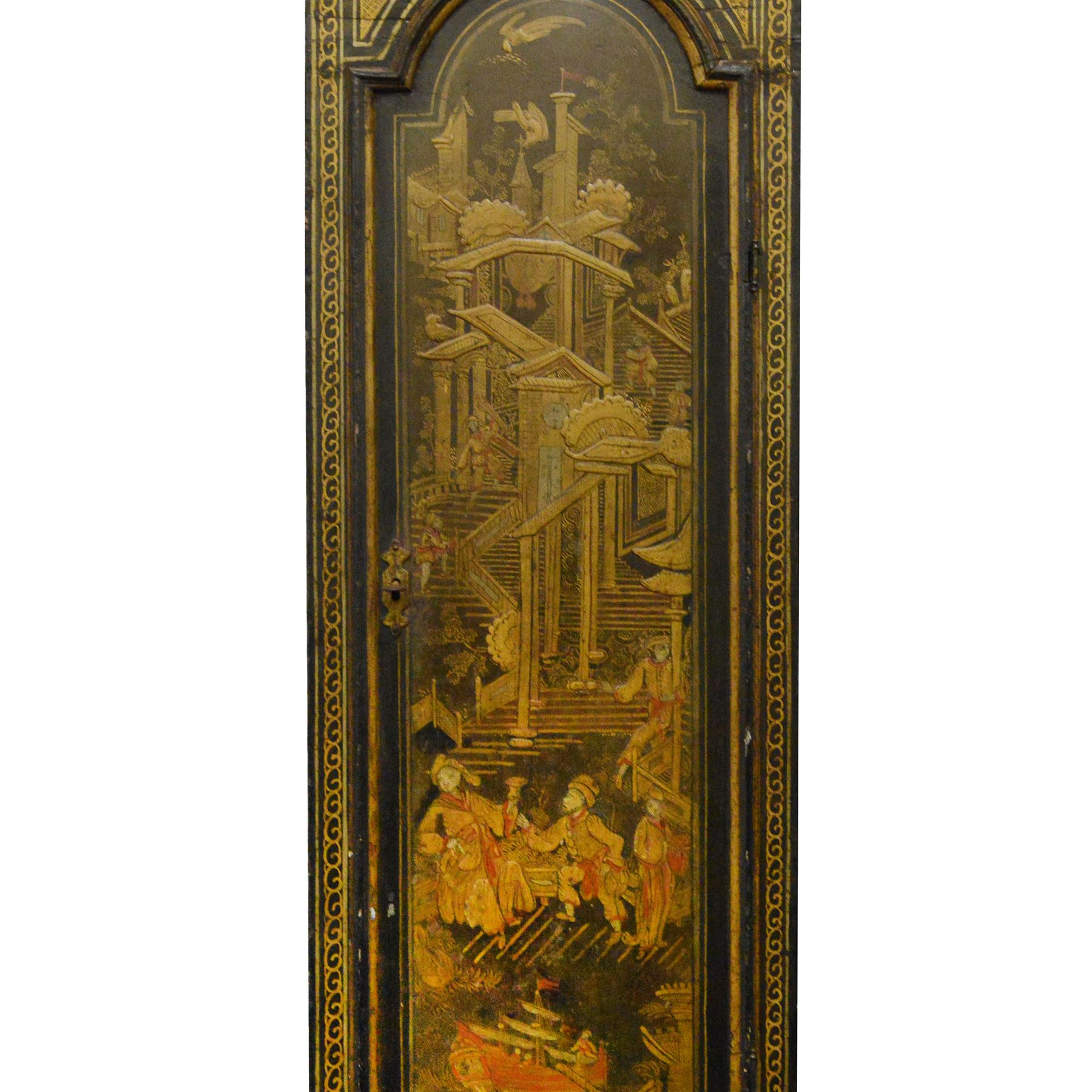 William Hayler of Chatham (Kent) - Fine George III black japanned chinoiserie decorated longcase clock c1760,  hood with a break arch top, glazed side panels and three matching wooden finials, conforming hood door beneath with attached pilasters, long trunk with a  break arch door and moulded surround, on a square double stepped plinth with a flat base, case and hood profusely decorated with scenes of gilt pagodas, temples, birds, people and panels of floral decoration, brass dial with cast brass spandrels and a silvered boss to the arch, silvered chapter with Roman numerals, minute track and five minute Arabic's, matted dial centre with seconds dial, date aperture, matching steel hands and silvered cartouche with makers name, dial pinned directly to a five-pillar rack striking movement with a recoil anchor escapement. With  pendulum, weights  and key.
William Hayler is recorded as working in High Street, Chatham, from 1750-1810, possibly two makers (father & son) working in succession.

