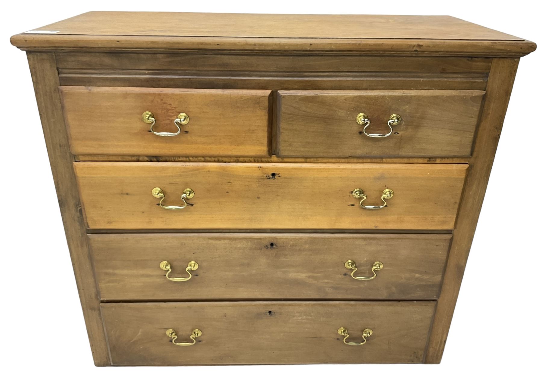 19th century walnut straight-front chest, fitted with two short and three long graduating drawers