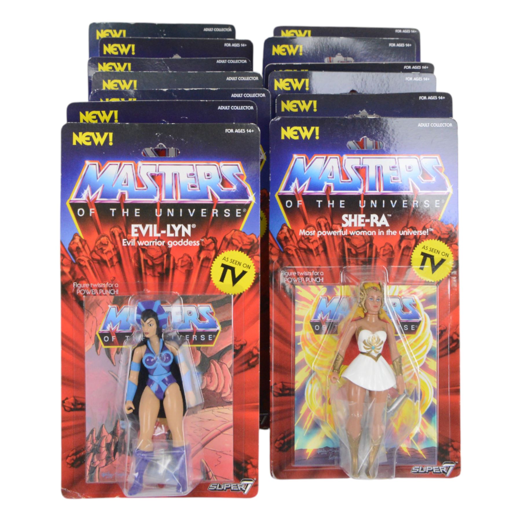 Thirteen Mattel Super7 reissue Masters of The Universe figures, comprising He-Man, Mat-At-Arms, Shadow Weaver, Hordak, Mer-Man, Prince Adam, Trap Jaw, Evil-Lyn, Orko, Skeletor, She-Ra, Beast Man and Teela, all carded