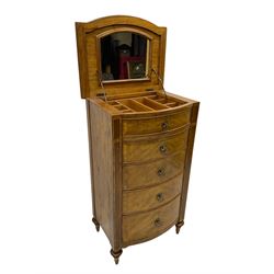 Frank Hudson - mid-20th century Mindi ash and burr walnut bow-fronted lingerie chest, crossbanded hinged top concealing vanity mirror, over five graduated cockbeaded drawers, raised on turned supports