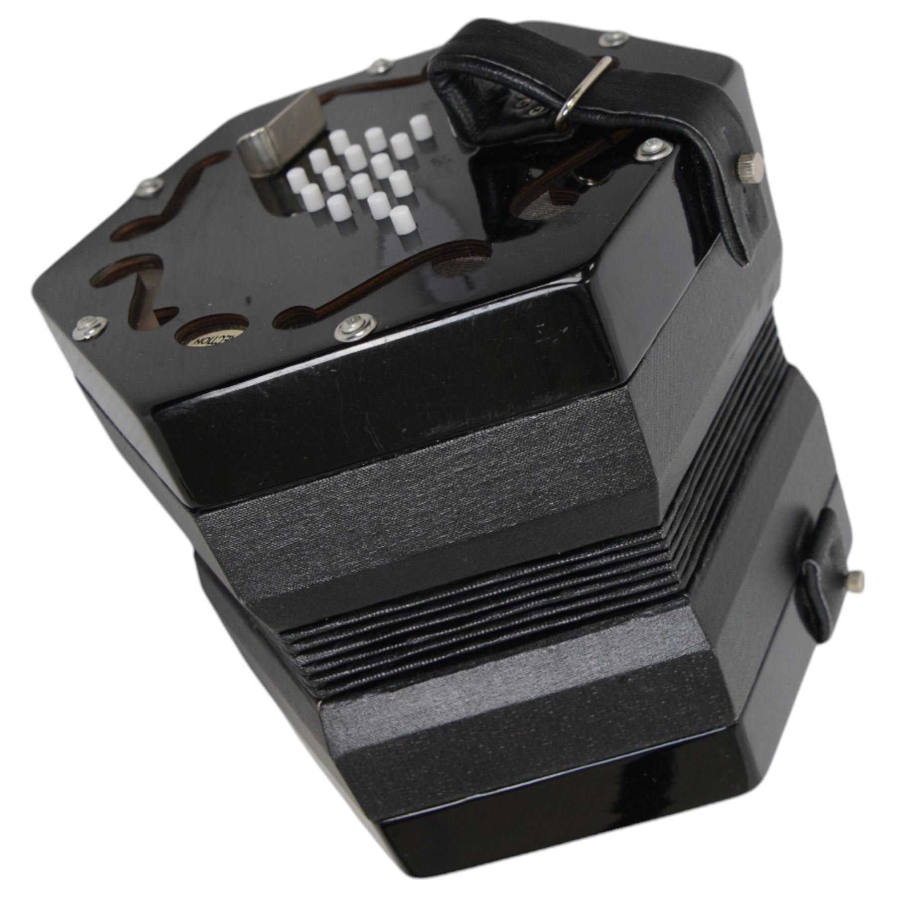 Jackie concertina, with six fold bellows and 33 buttons in a fabric case.  With an adjustable Boston music stand and tutorial.