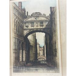 Edward Sharland (British 1884-1967): 'Bridge of Sighs - Venice', coloured etching signed and titled in pencil, together with a similar etching by HP Huggill (2)