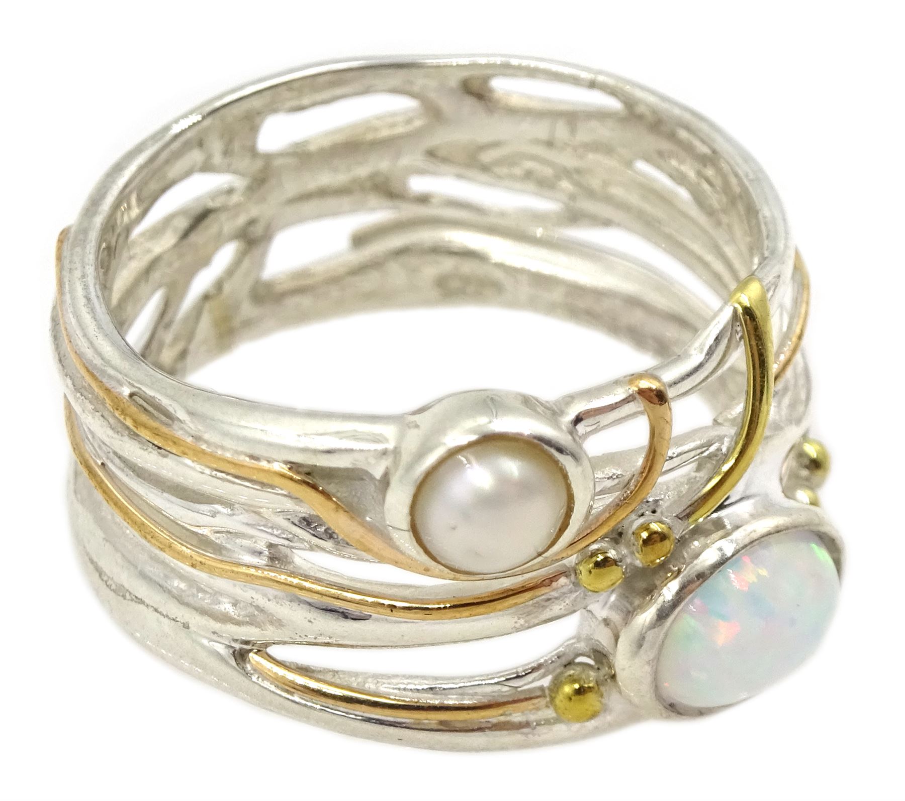 Silver and 14ct gold wire opal and pearl ring, stamped 925 