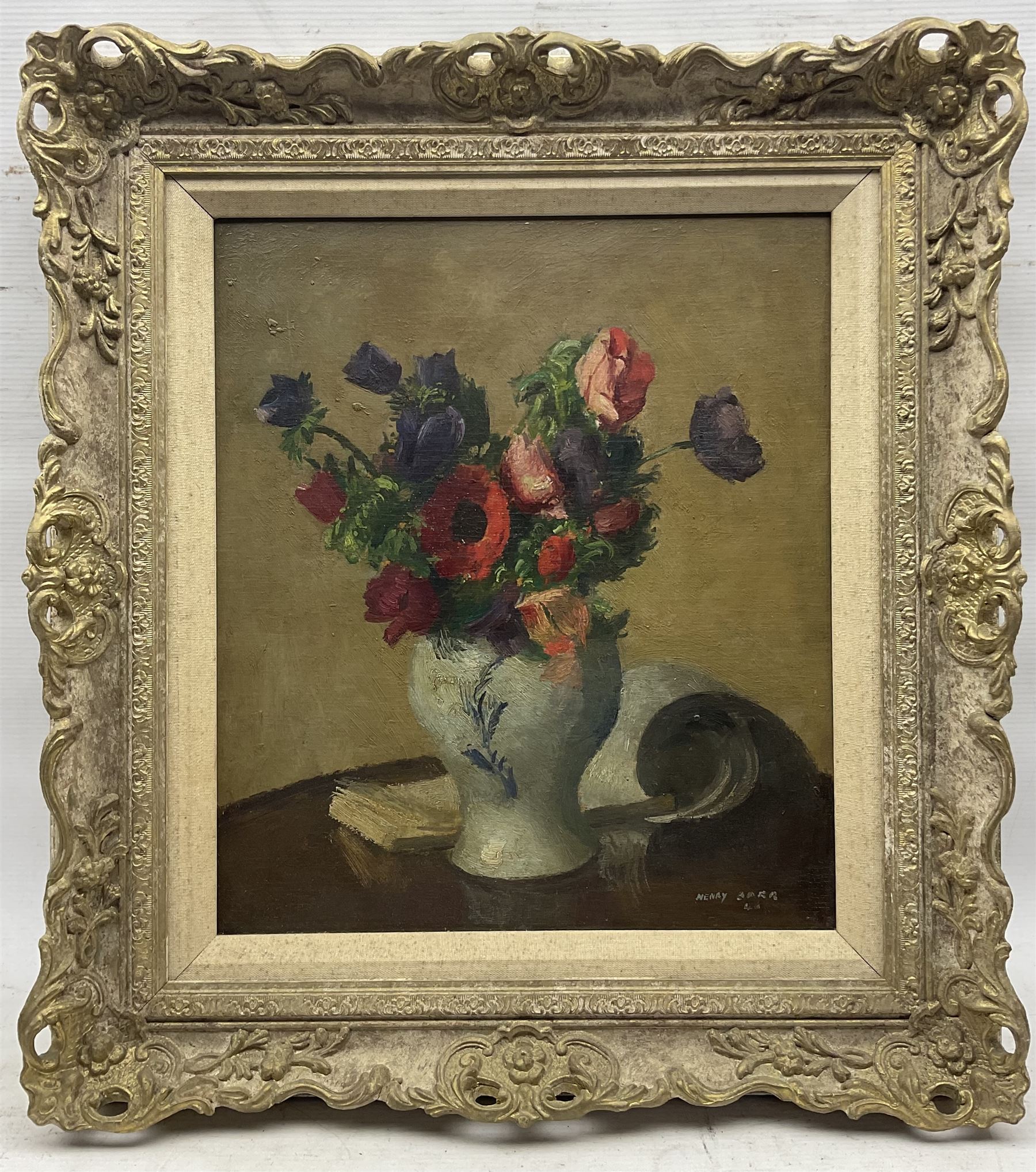 Henry Marvell Carr (British 1894-1970): Still Life of Flowers in Blue and White Vase, oil on canvas signed and dated '46, 39.5cm x 34.5cm 