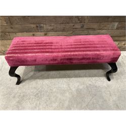 Large rectangular footstool upholstered in a maroon fabric with cabriole supports