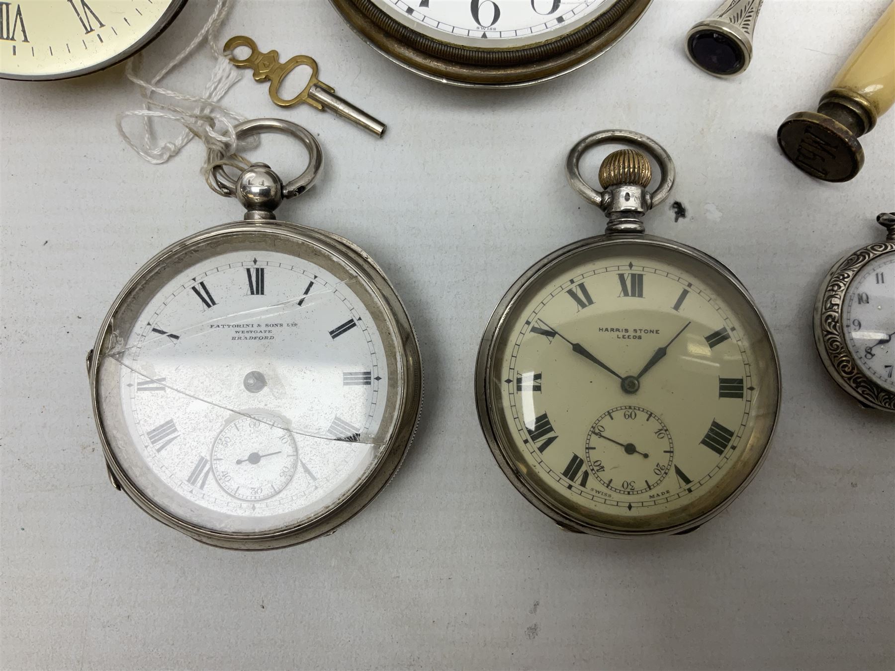 Three silver cased open face pocket watches, together with two other watches, horn pendent etc 