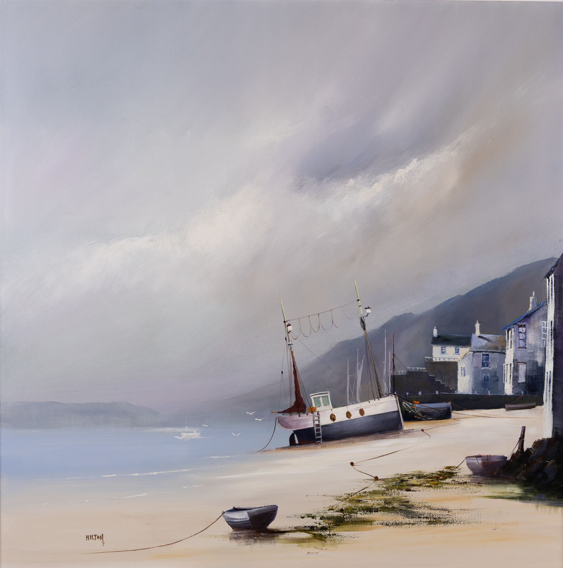 Barry Hilton (British 1941-): Harbour at Low Tide, oil on canvas signed 76cm x 75cm 