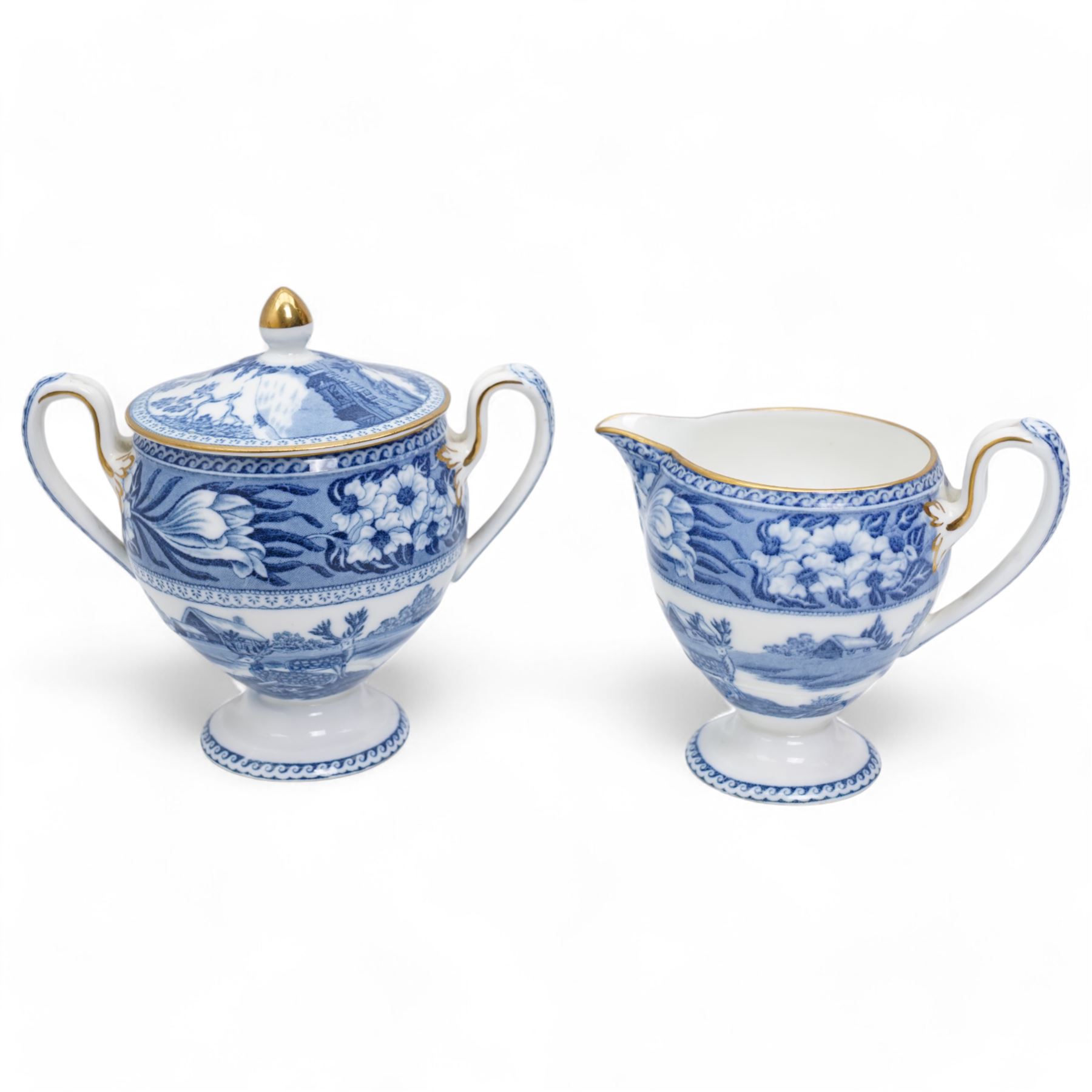 Pair of early 19th century Enoch Wood 'Grapevine Border Series' blue and white knife rests, another pair in the Willow pattern, Victorian T G Booth Indian Ornament razor box and cover and Wedgwood 'Fallow Deer' pattern coffee pot, cream jug, sugar bowl and cover and a coffee can and saucer