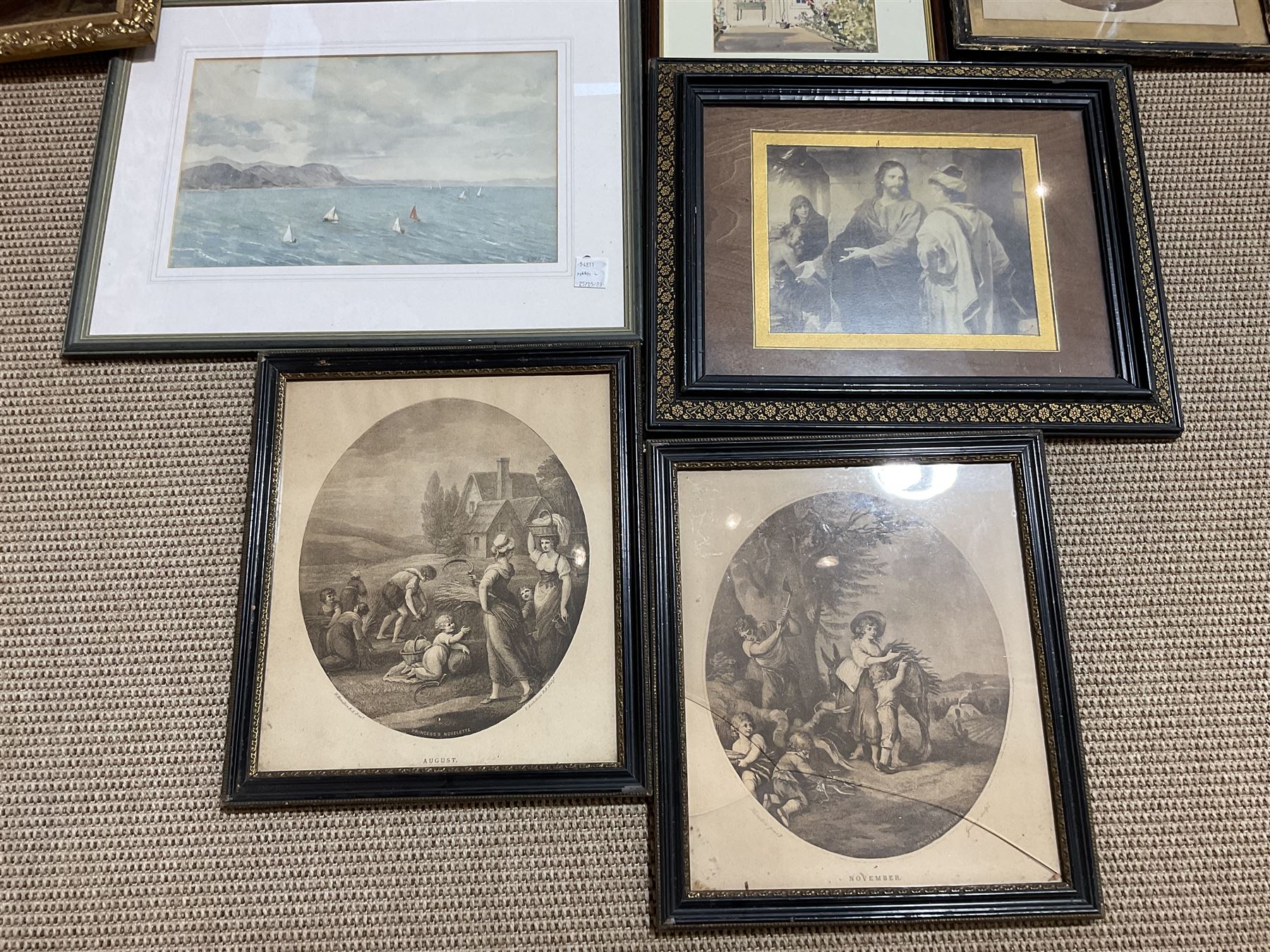 Seven watercolours, crystoleum, three mezzotints, etc