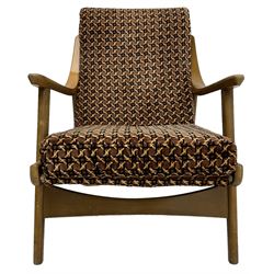 Mid-20th century easy open armchair, upholstered in patterned neutral fabric