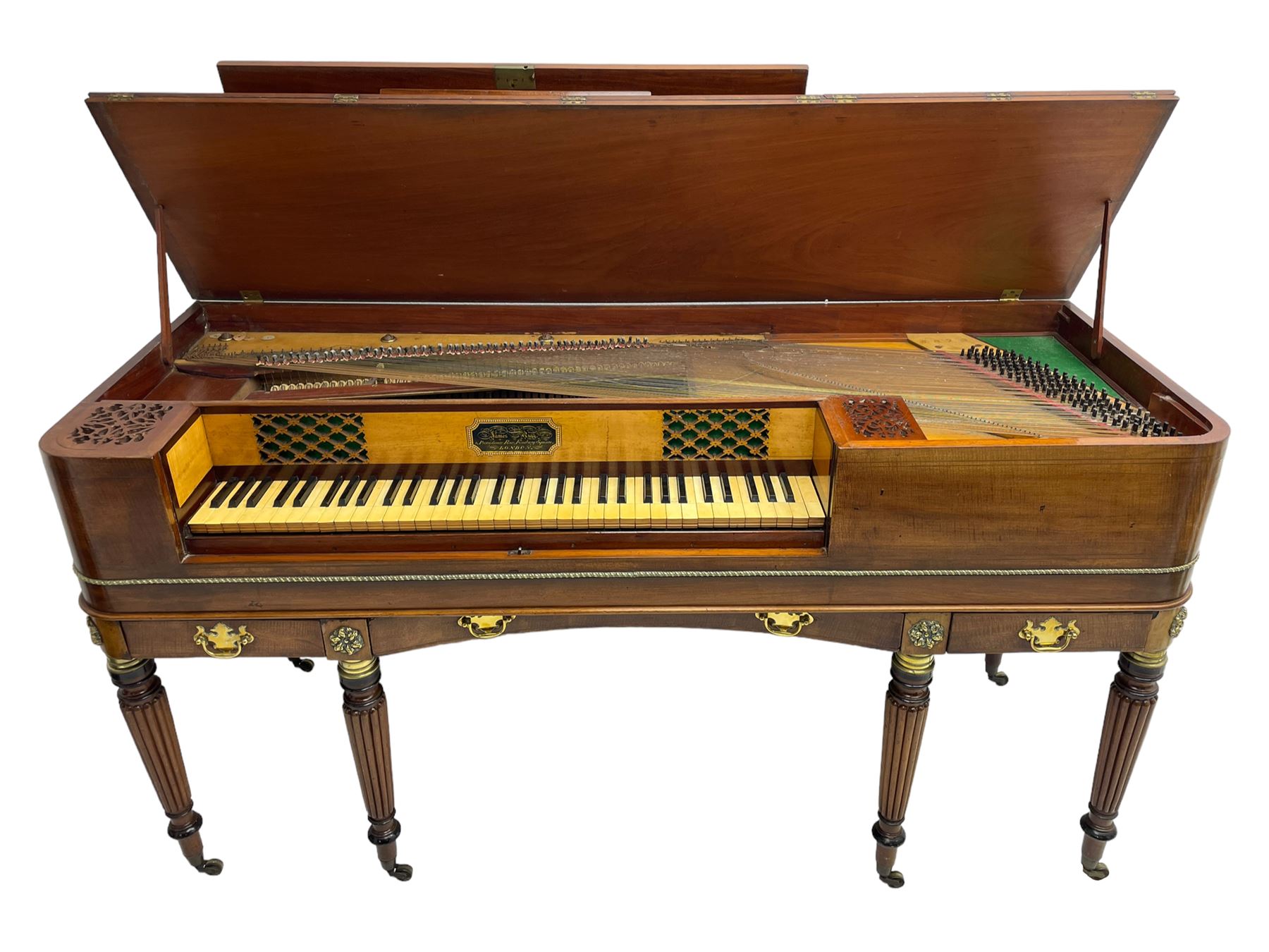 James Rigg, London -early 19th century mahogany and maple square piano c1817, with a 68 key compass (A-C) original hammers, jacks and felt, satinwood interior with ebony and ivory keys, the fretwork interior back inscribed 'James Rigg, 3 Providence Row, Finsbury Square, London', decorated with twist gilt metal edging, fitted with three drawers, on Gillows design turned and reeded supports with brass cups and castors.

This item has been registered for sale under Section 10 of the APHA Ivory Act