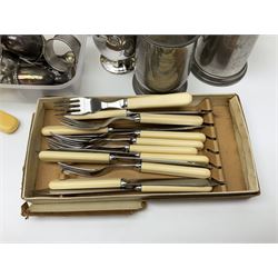 Mappin & Webb Princes Plate cutlery, to include six butter knives, six dessert forks, seven dessert spoons, four table spoons, ten table forks and two ladles, etc, together with other plated cruet set, napkin rings, flatware and a collection of pewter and silver plate tankards, etc
