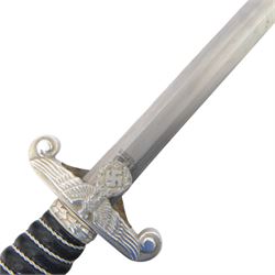 WWII German Third Reich Land Customs Officers dagger, the L30cm double edged blade stamped to the ricasso  Eickhorn Solingen, wire bound leather grip with laurel pommel, eagle and swastika crossguard, in leather scabbard with white metal mounts, overall L41cm