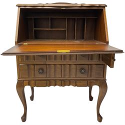 Early 20th century Dutch design mahogany bureau, fall-front enclosing pigeonholes, over two drawers with shaped facias, raised on cabriole supports