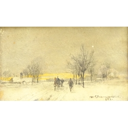  Theodor von Ehrmanns (Austrian 1846-1923): Horse Drawn Sleigh in Winter Landscape, watercolour signed and dated '891,  17cm x 27cm  