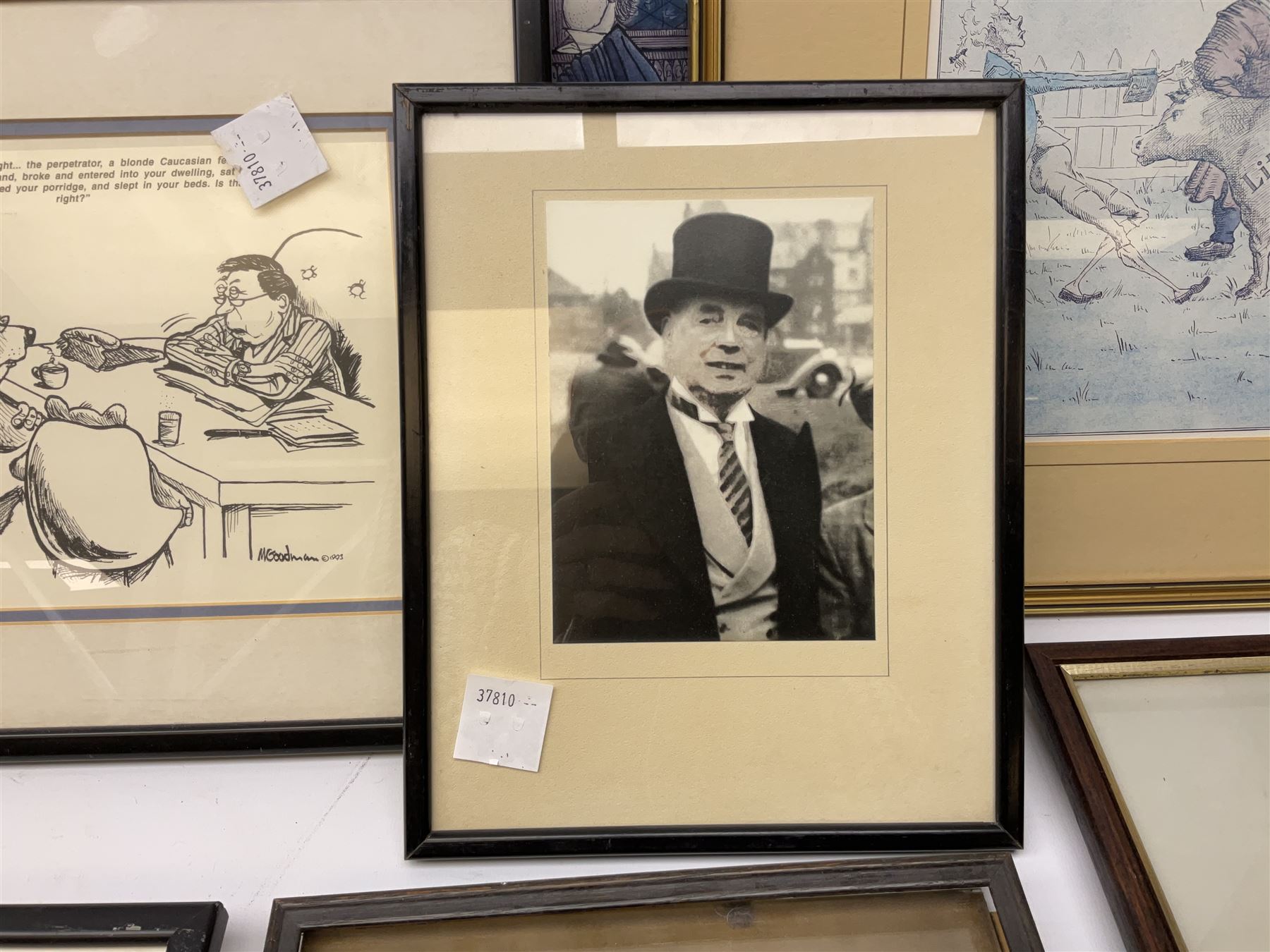 After Tony Kentuck set four courtroom cartoon prints, together with vintage reproduction of 19th Century advert, and further cartoons and prints (15)