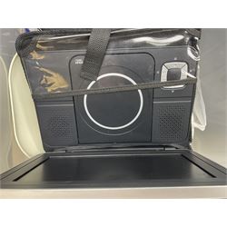 Singer 66 sewing machine in wooden case, together with an LG DVD player with speakers, two portable DVD players, etc 