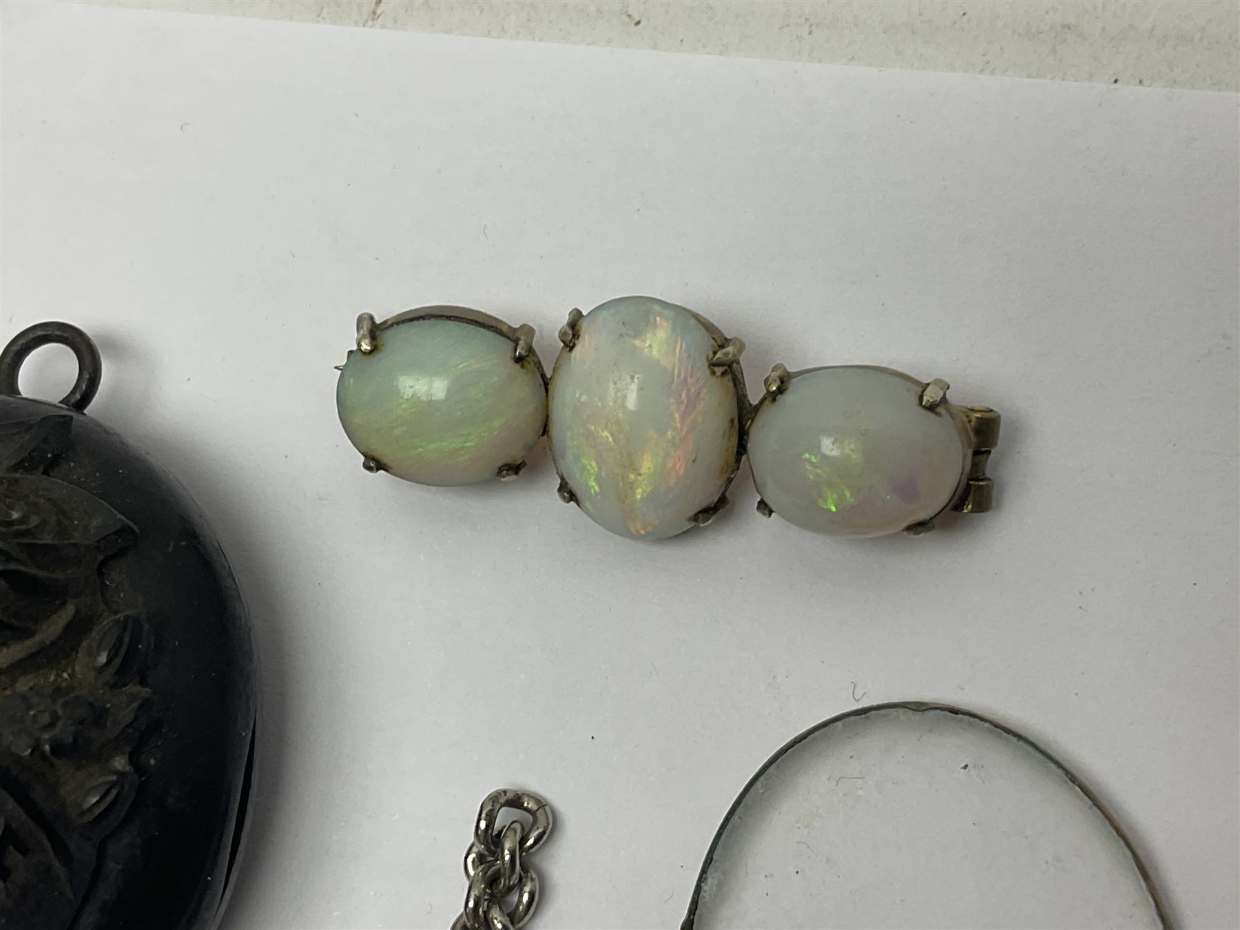 Victorian and later costume jewellery, including 'In Memory Of' mourning pendant, pair of stone set earrings, opal brooch, stick pins, etc 
