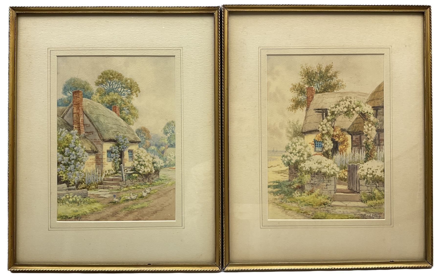 Alfred Hay (British 19th/20th century): Cottages in Somerset, pair watercolours signed, labelled verso 25cm x 17cm (2)