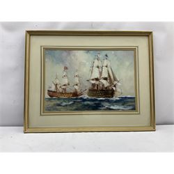 Frank Henry Mason (Staithes Group 1875-1965): British Men o' War in Full Sail, watercolour heightened in white signed and dated '09, 33cm x 39cm