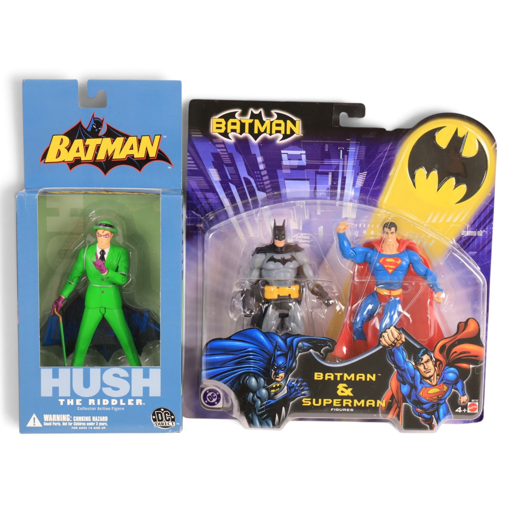 Four Monogram Headstrong Heroes bobble heads, comprising Superman, The Riddler, Catwoman and Robin, together with a DC Direct Deluxe Action Figure Set, DC DIrect Hush The Riddler figure and a Mattel Batman & Superman figure pack, all boxed
