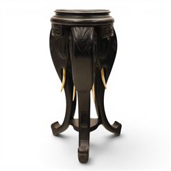 Oriental design black lacquered jardinière stand, circular moulded top with raised rim, th...