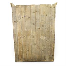 19th century stripped pine linen cupboard, projecting cornice over two panelled doors enclosing five assorted shelves
