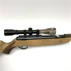 .22 air rifle with under lever action, chequered pistol grip, adjustable butt, camo covered barrel and Nikko Stirling 6x scope L120cm overall